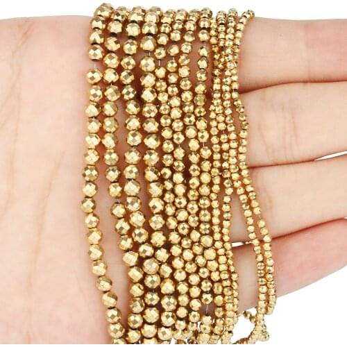 Color Retention Gold Plated Natural Hematite Beads Faceted Round Loose Rondelle Beads For Jewelry Making DIY Bracelet 2/3/4mm