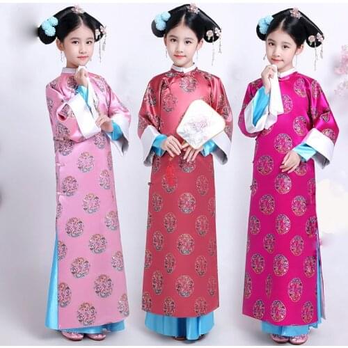 Childrens Ancient Costume Qing Dynasty Court Princess Hanfu Dress Traditional Folk Dance Clothes Kids Chinese Ethnic Costume