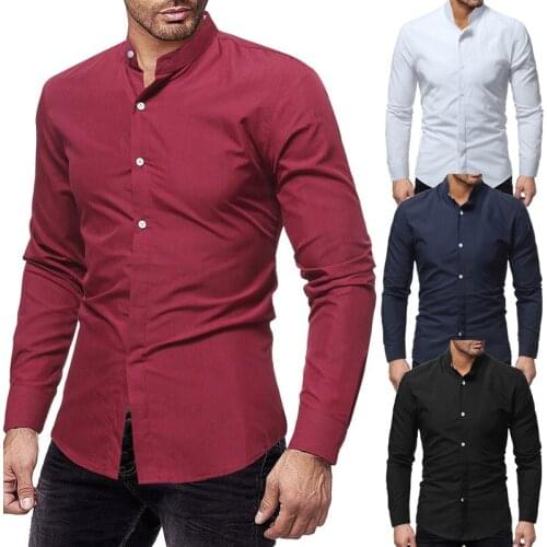 Mens Shirt Long Sleeve Stand Collar Solid Color Cardigan Shirt Casual Single-Breasted Slim Type Tops
