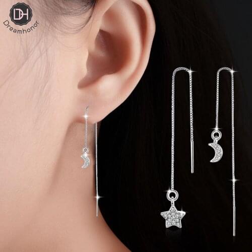 Dreamhonor Fashion Female Long Ear Line Earrings Asymmetry Rhinestone Star Moon Tassel Earrings Jewelry