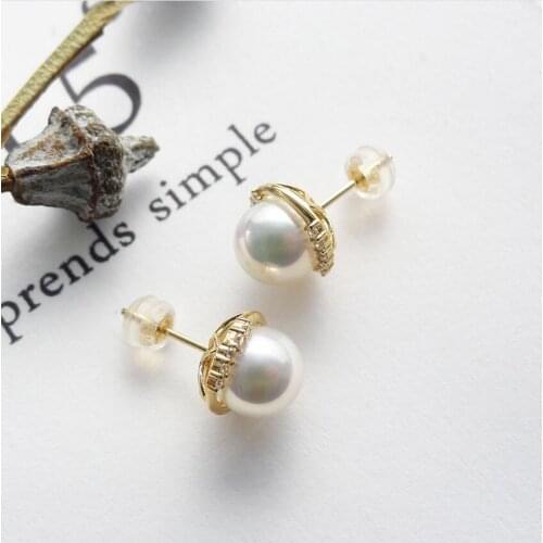 Elegant 8-8.5mm White Genuine Akoya Pearl Stud Earrrings 14K Yellow Gold AAA