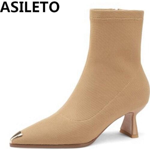 ASILETO Fashion Socks Women Boots Stretch cloth Zip Ankle Boots Pointed toe Women Booties Women Shoes 2021 New Spring Autumn