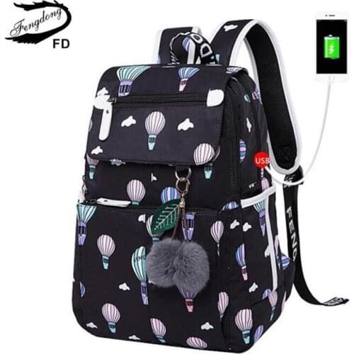Fengdong fashion school backpack for teeenage girls book bag cute ballon cat butterfly pattern school bags female USB backpack
