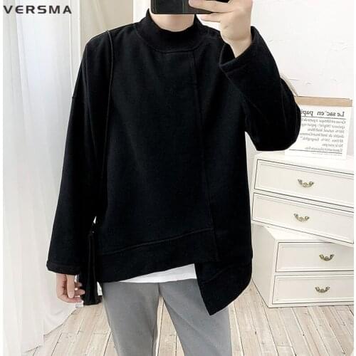 VERSMA Korean Harajuku Vintage Plain Asymmetric Hoodie Sweatshirt Men Hip Hop Streetwear Mens Turtleneck Sweatshirt Dropshipping