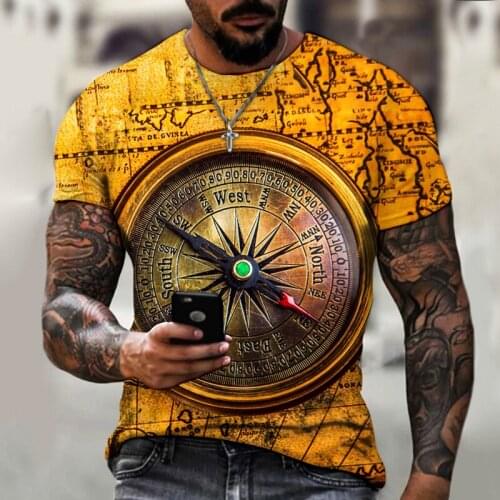 Mens Street Trend T-shirt Compass Nautical Map Retro Print Short Sleeve Round Neck Top Byck Brand Clothing Size Xxs-6xl