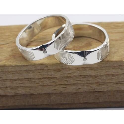 Fingerprint Engrave Couple Ring Set 925 Silver Custom Wedding Band With Birthstone Personalized Memory Jewelry