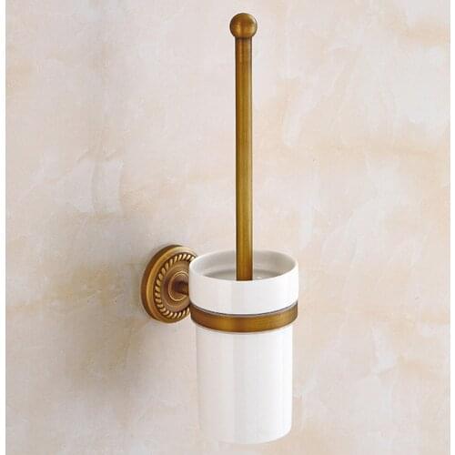 Toilet Brush Set Vintage Antique Copper Compact Tiolet Brush with Holder Toilet Bowl Brush Kit for Hotel Bathroom Home