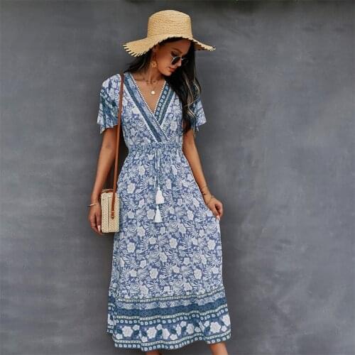 GREYGEM Boho Midi Dress for Women with Floral Pattern Sexy V Neck Short Sleeve Bandage Ladies Elegant Summer Clothes
