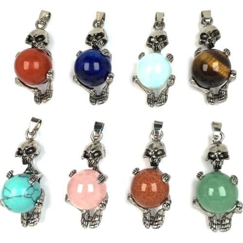 Natural Skull Shape and Round Beads Semi-precious Stone Pendants for Jewelry Making DIY Fit Necklaces Size 26x40mm