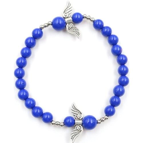 Silver Plated Angel Wing with Lapis Lazuli Round Beads Classic Style Bracelet Black Lava Stone Jewelry