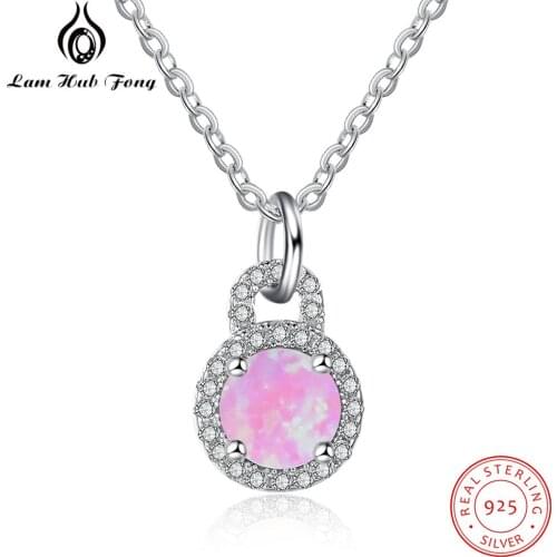 Romantic 925 Sterling Silver Round Necklace Pink Opal Stone Necklace for Women Clear CZ Necklace Fine Jewelry (Lam Hub Fong)