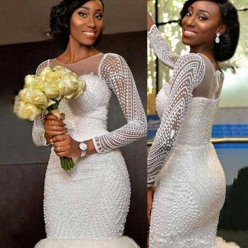 Luxury Pearls South African Long Sleeves Wedding Dresses 2020 Mermaid Sheer Jewel Neck Arabic Bridal Gowns Vestidos De Novia