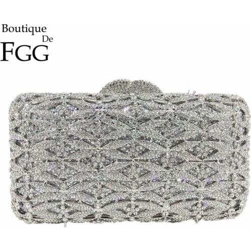 Boutique De FGG Luxury Silver Crystal Purse Evening Clutch Bag Women Metal Box Minaudiere Wedding Party Dinner Diamond Handbag