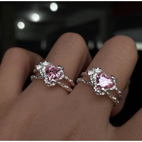 Silvology 925 Sterling Silver Pink Zirconia Heart for Women Layerd Texture Sweet Girl Heart Korea Ring Luxury Friendship Jewelry