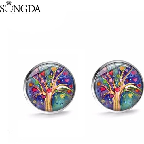 SONGDA 2020 New Colorful Tree of Life Stud Earrings Fashion Art Photo Glass Dome Women’s Earrings Gift Fashion Jewelry Wholesale