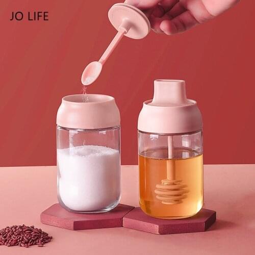 JO LIFE 250ml Seasoning Bottle Glass Condiment Storage Container Honey Pot Oil Brush Bottle Spice jar with Spoon Kitchen Tools