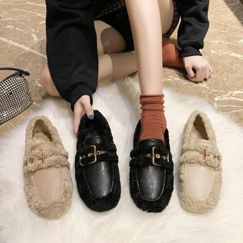 Warm Plush Fur Casual Shoes 2021 New Women Shoes Woman Slip on Autumn Winter Square Metal Buckle Loafers Flats Plus Size