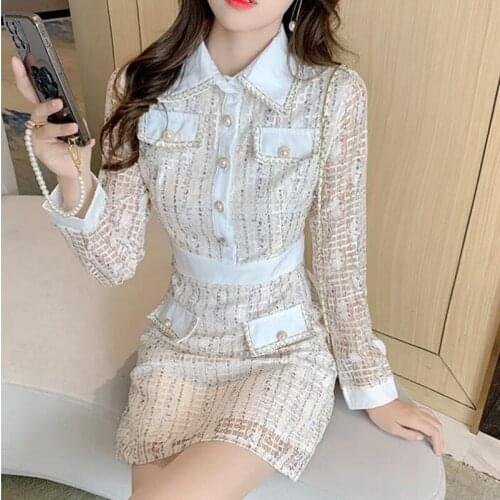 ZAWFL Luxury Quality Design 2021 Wrist Sleeves Lace Patchwork Tweed Bow A Line Party Single Breasted Dress Female Dresses