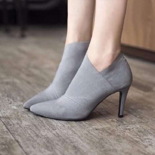 Womens Autumn Winter Slip-On Retro High Heel Ankle Boots High Heels women Leather Ankle Boots Sexy Pointed Toe Boot
