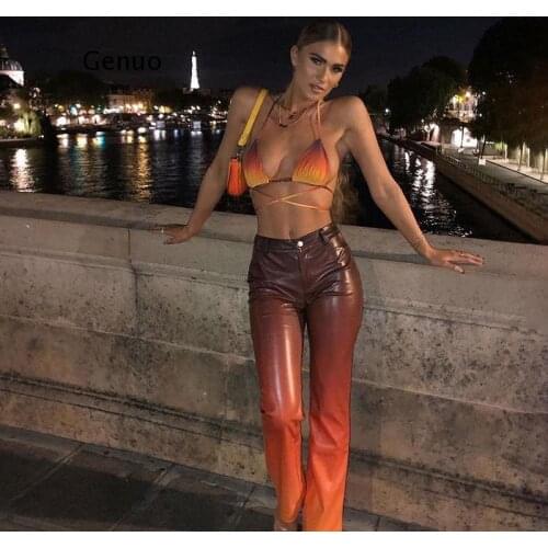 Stylish Gradient Color Faux PU Leather Women Straight Pants Spring Fall High Waist Vintage Streetwear 2021 Casual Trouser