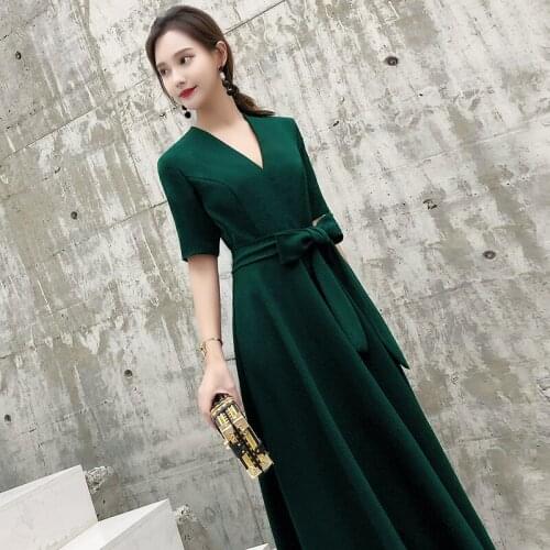 Spring And Summer Half Seelve Slim Ankle-Length Bow Long Evening Dress Women V Neck Sexy Dress For Lady