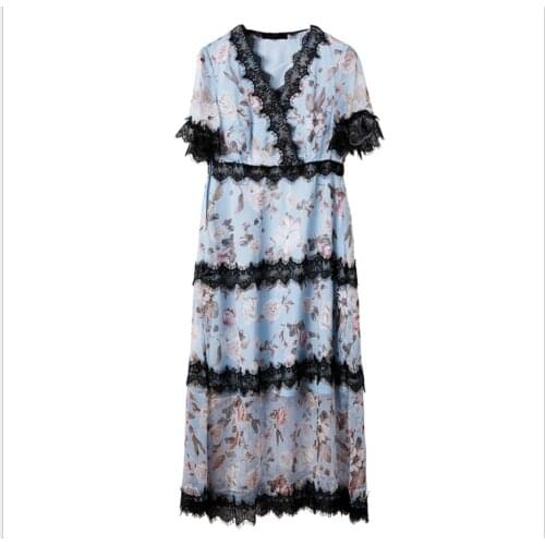 Female Spring Summer Dress 2021 New Womens Fashion Heavy Stitching Lace V-neck Printed Dresses Waist Mid-length Skirt