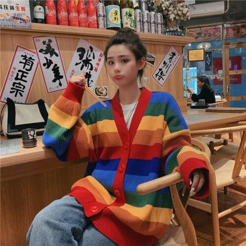 Winter Knitted Rainbow Cardigans For Women Casual Loose Top Striped Sweater Ladies Oversize Jumper Lgbt Clothes Korean Style