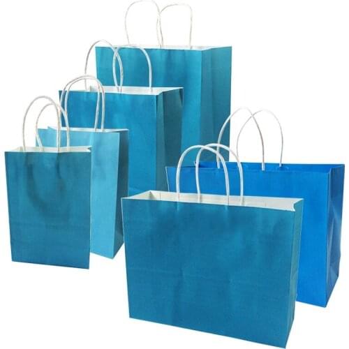 10 Pcs/lot Festival Gift Kraft Bag Blue Shopping Bags DIY Multifunction Recyclable Paper Bag With Handles 6 Size Optional