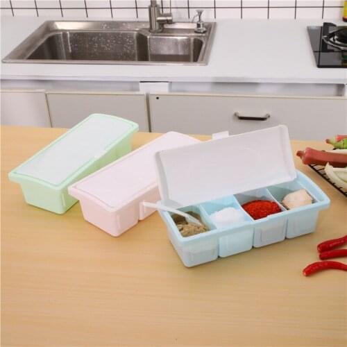 4-grid Seasoning Box Multifunctional Plastic Salt Msg Seasoning Box Kitchen Partition With Spoon And Lid Seasoning Tank