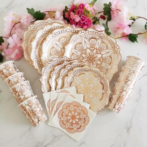 40pcs/lot Rose Flower Disposable tableware Paper Plates Cups Kids Birthday Baby Shower Wedding Decor Tableware Set