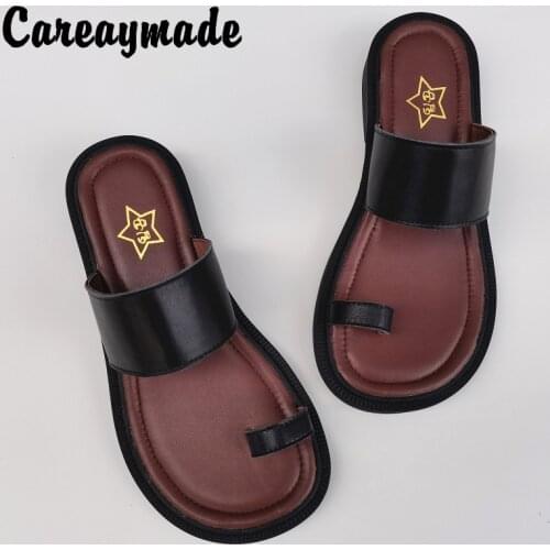 Careaymade-Summer Genuine leather big head wide sandals womens top leather original handmade single retro Roman toe slippers