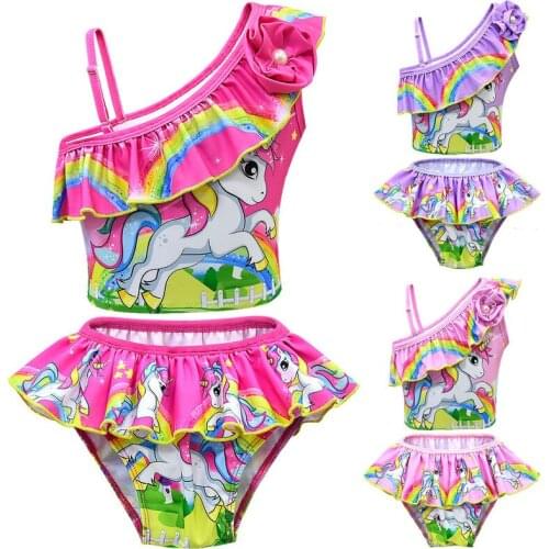 2019 new childrens Unicorn summer swimsuit slanted shoulder cute two-piece swimsuit suit