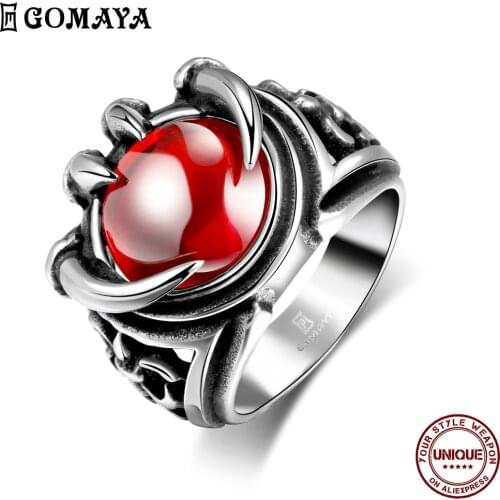GOMAYA Mens 361l Stainless Steel Vintage Punk Dragon Claw Ring Red Large Crystal Gothic Retro Punk Rings Fashion Jewelry Bague