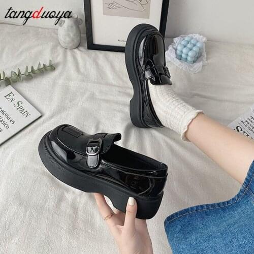 Sweet lolita shoes Woman Black Soft PU Leather Loafers Casual Women Slip Comfortable Round Toe Platform Shoes Zapatos De Mujer