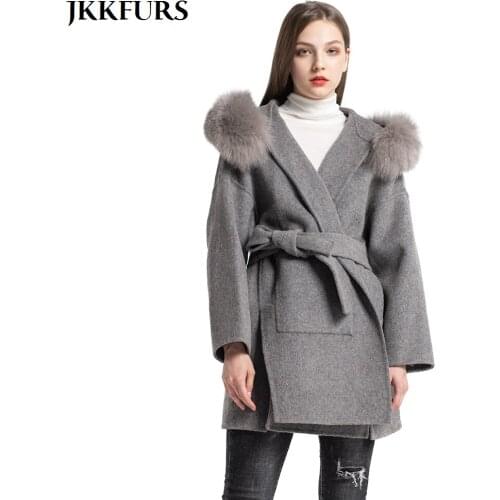 New Women Winter Wool Coat Real Fox Fur Collar Hood Cashmere Jacket with Belt Women Fashion Jacket Woolen Outwear Female S7494