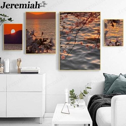 Lake Landscape Canvas Poster Red Sun Sparkling Canvas Painting Picture Print Wall Art Nordic Room Home Decor Accessories