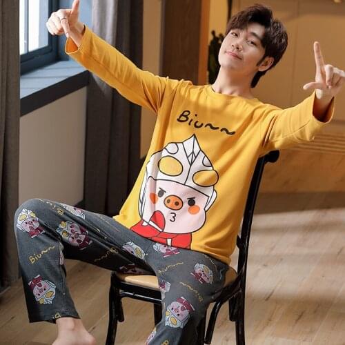 Kawaii Super Pig Cartoon Anime Men Pajamas Set Autumn Lounge Cotton Pullover Long Sleeved T-shirts Male Yellow O-neck Nightwear