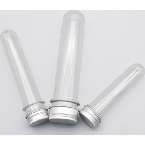 30ML 40ML 100ML 50pcs Excellent Plastic Transparent Test Tubes Aluminum Cap Empty Bottles Bath Salt Candy Bottles