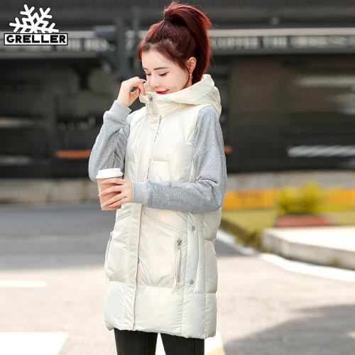 GRELLER 2021 New Shinny Winter Puffer Vest Women Solid Pockets Ladies Hooded Sleeveless Vest Jacket Long Female Winter Waistcoat