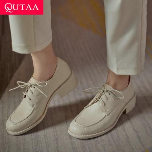 QUTAA 2021 Spring Autumn Lace Up Square Med Heels Genuine Leather Comfortable Female Shoes Round Toe Retro Women Pumps Size34-42