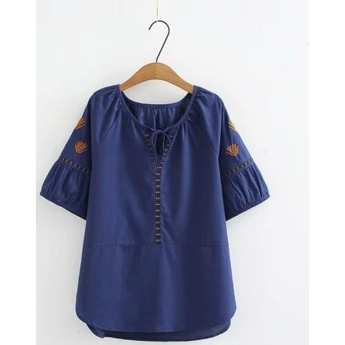 Embroidered Shirt Women Summer Tops Floral blue Slim cotton linen Blouse Brand Quality Plus Size Casual Bow Half Sleeve Shirt