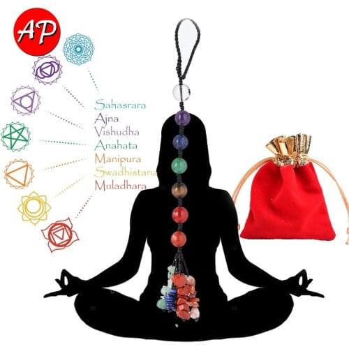 Seven Chakras Natural Crystal 7 Color Gem Ball Pendant Hand Woven Pendant Decoration Health Energy Stone Bag Hanging Gift