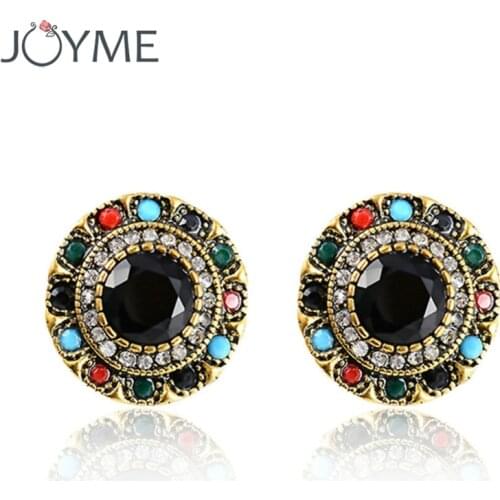 Joyme Bohemia Wedding Ethnic Stud Earrings Retro Gold Elegant Small Round Black Crystal Round Enamel Earrings For Women aretes