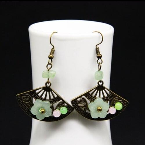 FYJS Unique Antique Copper Wire Wrap Green Aventurine Dangle Earrings for Women Classic Style Jewelry