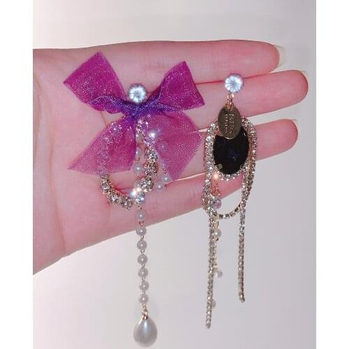 Korean Luxury Elegant Yarn Bowknot Heart Crystal Long Tassel Drop Earrings For Women Girls Holiday Party Jewelry