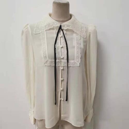 Lace Stitching Shirt Women Single Breasted Temperament Lace-up Long Sleeve Peter pan Collar Blouse for Office Lady