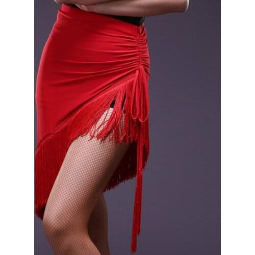 2019 New Irregular red and black Tassel sexy Latin dance skirts female practice performance wear half skirt Latin dance costumes