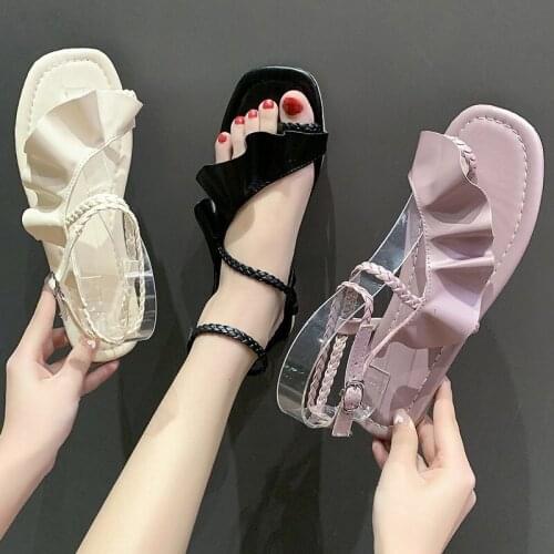 COOTELILI Woman Sandals Ruffles Flat Shoes 2021 New Fashion Summer Flats 1.5cm Heel Black Beige Basic Buckle Plus Size 41 42 43
