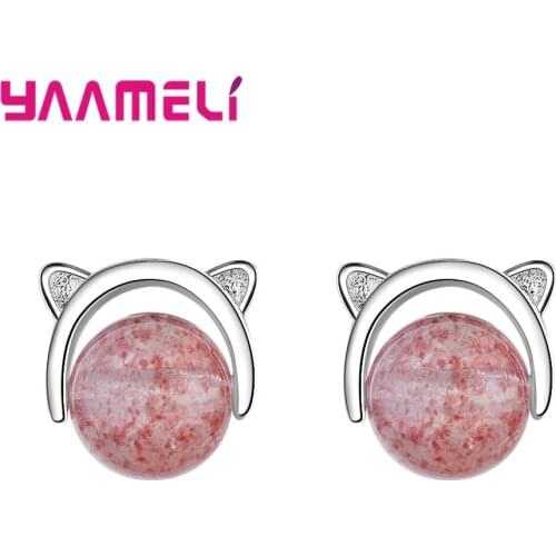 Top Quality 925 Sterling Silver Accessories Pretty Wedding Jewelry Pink Beads Atrewberry Stone Lovely Pet Cat Earring