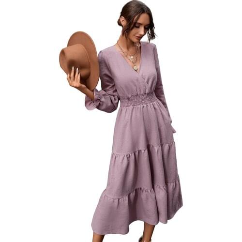 Female clothing Dress with long sleeves casual womens dresses midi dress Elegant slim slimming V-neck Prom Evening Vintage